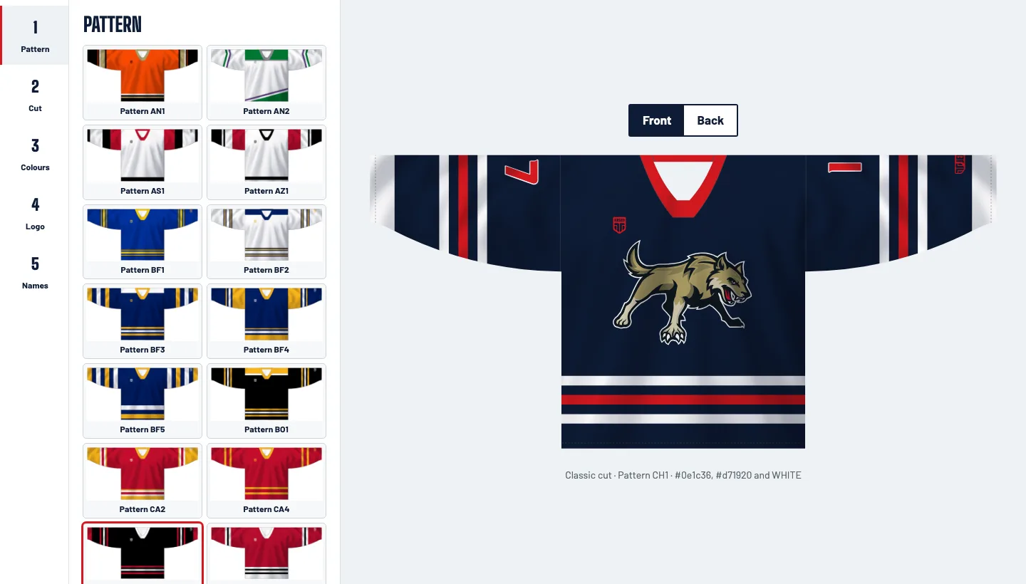 The Jersied jersey builder, with a pattern list beside a live jersey preview