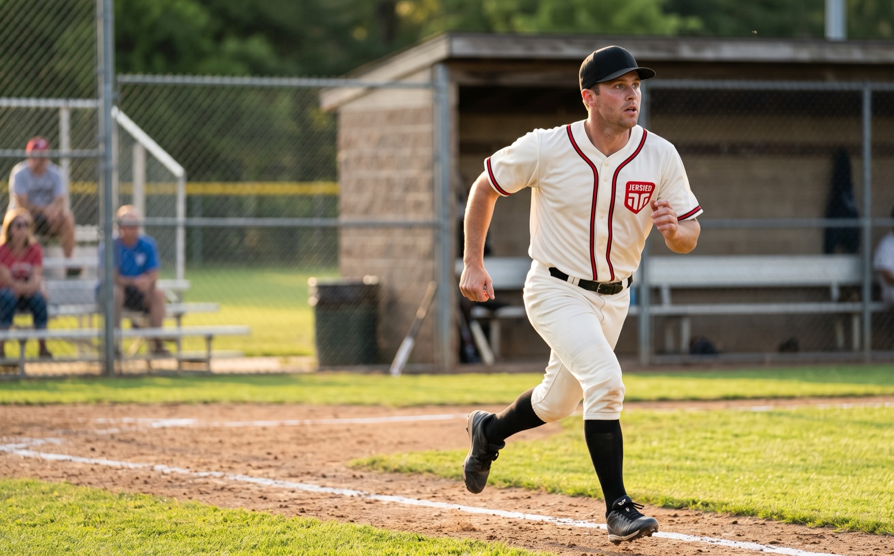 Baseball player running to first base in a cream Jersied jersey