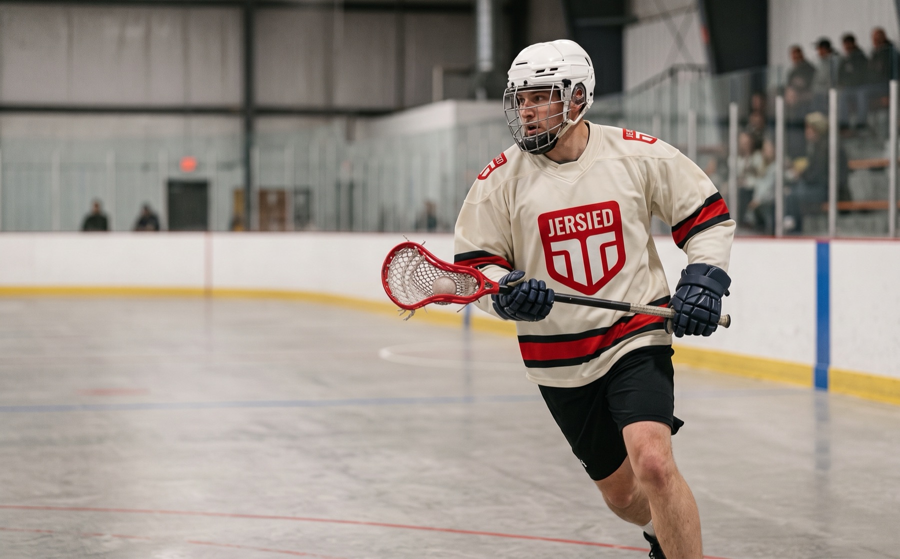 Box lacrosse player carrying the ball in a cream Jersied jersey