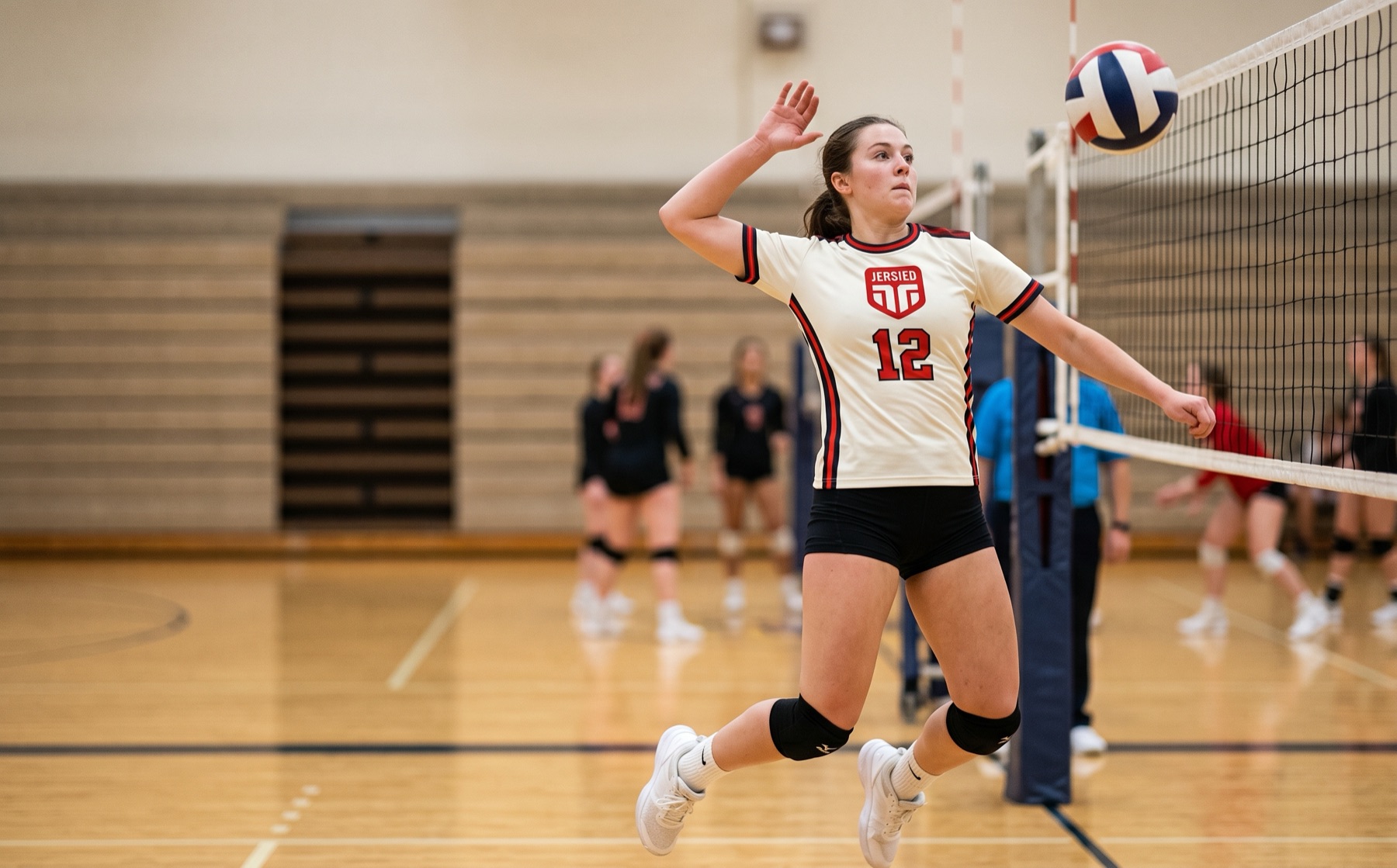 Volleyball player jumping to spike the ball in a cream Jersied jersey