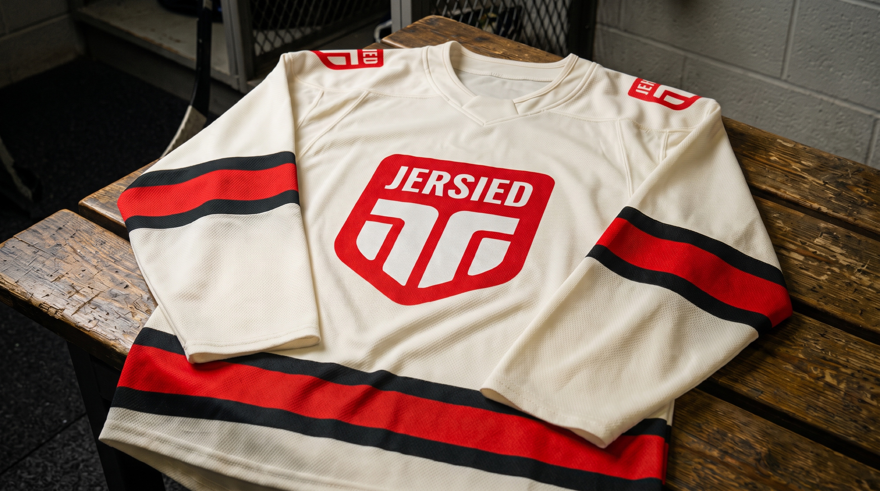Cream Jersied hockey jersey with red and black stripes on a wooden locker room bench