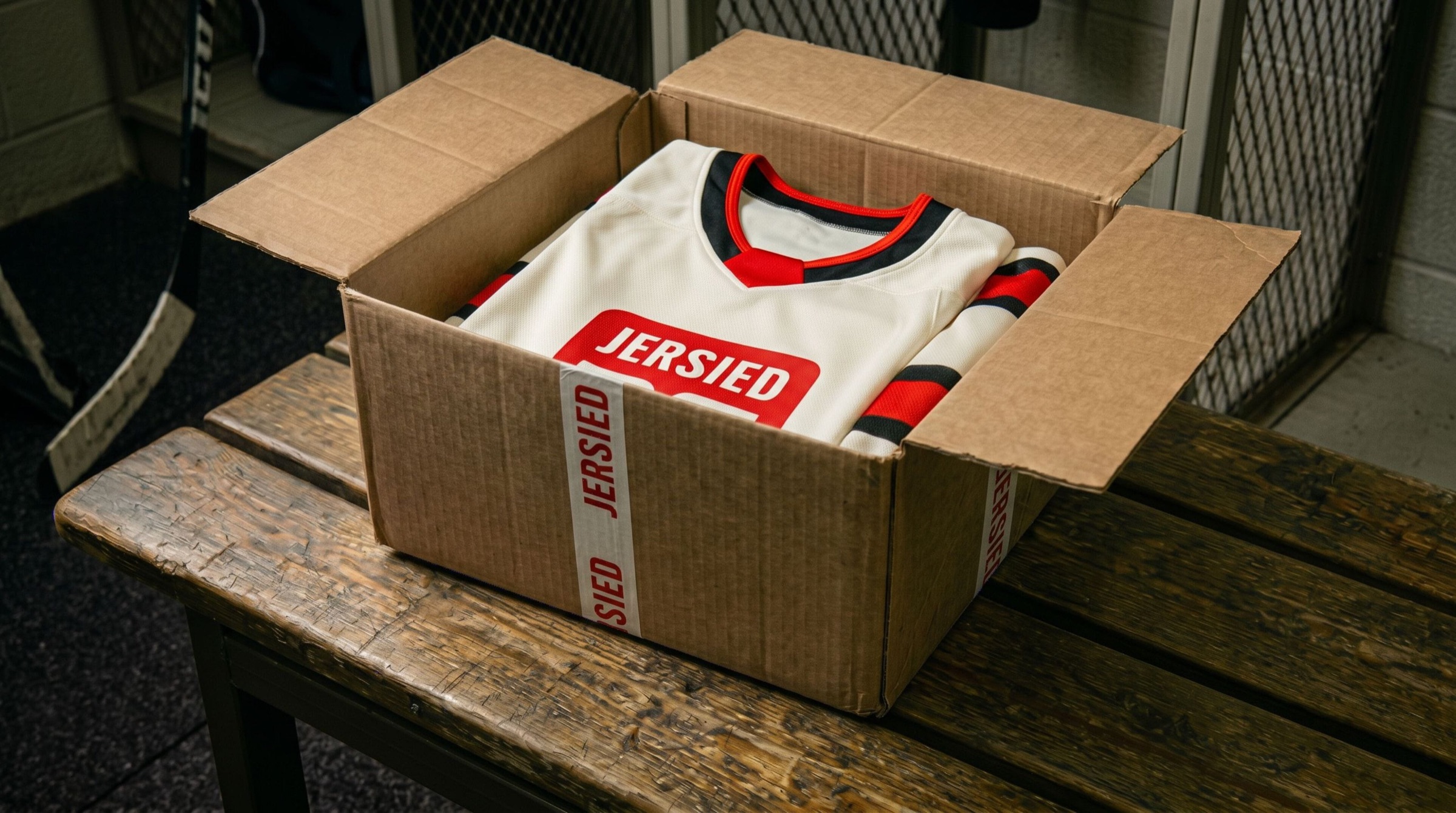 Open Jersied box holding a folded white and red hockey jersey on a locker room bench